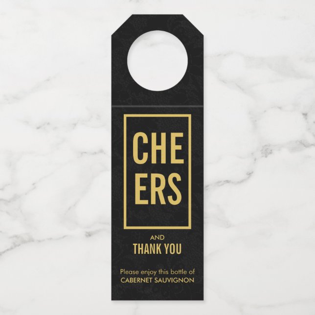 Cheers Gold on Black Damask Bottle Tag (Front)