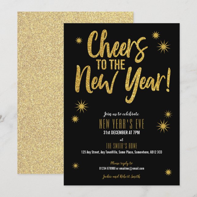 Cheers Gold on Black New Year's Eve invitation (Front/Back)