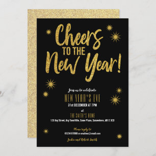 Cheers Gold on Black New Year's Eve invitation