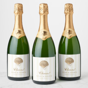 Cheers Gold Seashell Pearls Coastal Wedding Favour Sparkling Wine Label