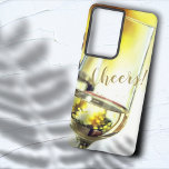 Cheers Golden Bokeh White Wine Glass Samsung Galaxy Case<br><div class="desc">This chic phone case design features a white wine glass and golden bokeh background. Personalize the text,  remove the text or edit using the design tool to select a font style,  size,  or colour you like.</div>