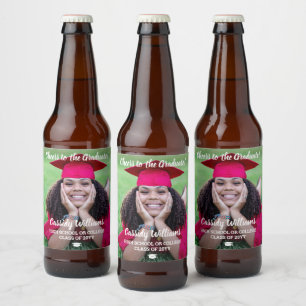 Cheers Graduation 1 Photo Elegant White Script Beer Bottle Label
