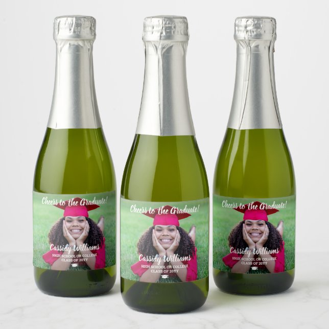 Cheers Graduation 1 Photo White Script Mini Split Sparkling Wine Label (Bottles)