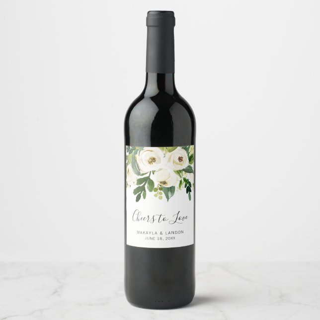 Cheers Greenery Elegant White Floral Wedding Wine Label (Front)
