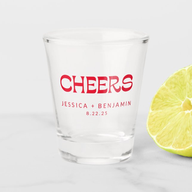 Cheers Groovy Bold Red Typography Names Wedding Shot Glass (Front)