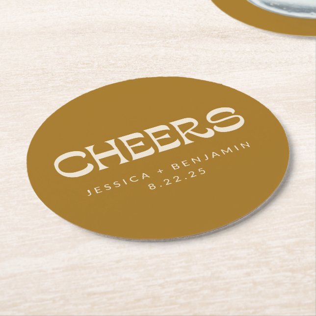 Cheers Groovy Gold Typography Names Wedding  Round Paper Coaster (Angled)