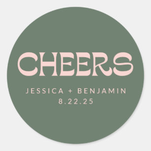 Cheers Groovy Pink Green Custom Names Wedding  Classic Round Sticker