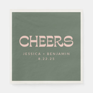 Cheers Groovy Pink Green Typography Names Wedding Napkin