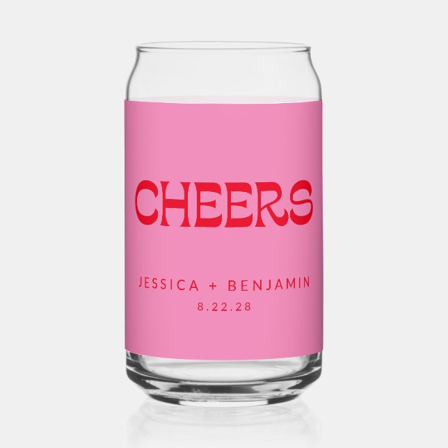 Cheers Groovy Pink Red Typography Names Wedding Can Glass (Front)