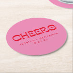 Cheers Groovy Pink Red Typography Names Wedding  Round Paper Coaster<br><div class="desc">Personalized Cheers Groovy Red and Pink Typography Names Wedding Paper Coaster</div>