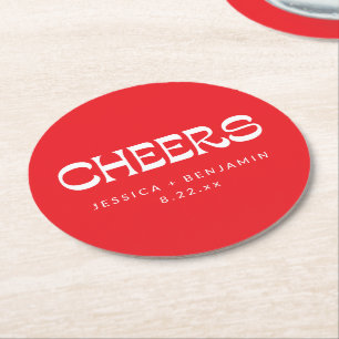 Cheers Groovy Red White Typography Names Wedding  Round Paper Coaster