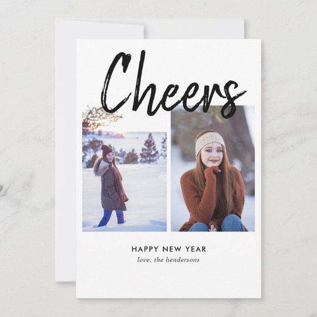 Cheers Handwritten Brush Photo New Year Holiday Card (Front)