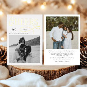Cheers  Happy New Year Modern Chic Family 2 Photo Foil Holiday Card