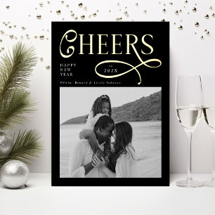 Cheers  Happy New Year Modern Chic Family 2 Photo Foil Holiday Card