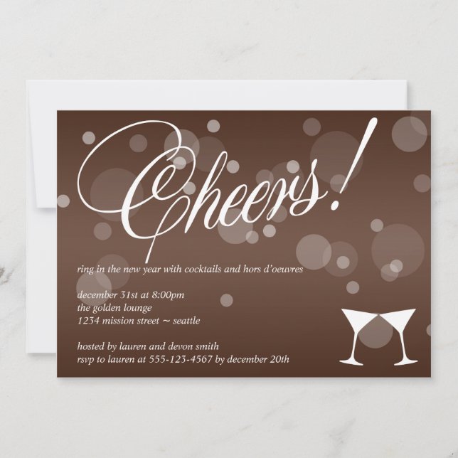 Cheers martini brown dazzle bubble celebration invitation (Front)