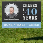 Cheers Milestone Birthday Photo Drive By Garden Sign<br><div class="desc">Encourage drive-by visitors with this awesome yard sign featuring a photo of the birthday dude. "Cheers to XX years" appears at the right; customize with his age. Shown for a 40th birthday. "Honk, Wave, Cheer" or your choice of text appears across the bottom in white on blue for a social...</div>