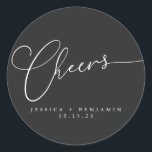 Cheers Minimal Black Elegant Script Custom Wedding Classic Round Sticker<br><div class="desc">Cheers Minimalist White Script on Black Background Custom Wedding Classic Round Sticker</div>