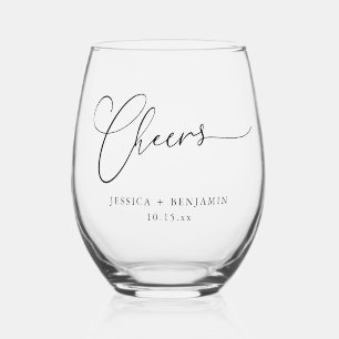 Cheers Minimal Black Script Custom Wedding Favor Stemless Wine Glass