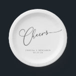 Cheers Minimal Black White Script Custom Wedding  Paper Plate<br><div class="desc">Cheers Minimalist Black White Script Custom Wedding Paper Plates</div>