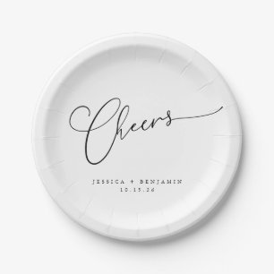 Cheers Minimal Black White Script Custom Wedding  Paper Plate