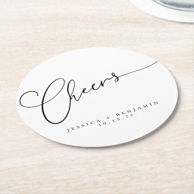 Cheers Minimal Black White Script Custom Wedding Round Paper Coaster (Angled)