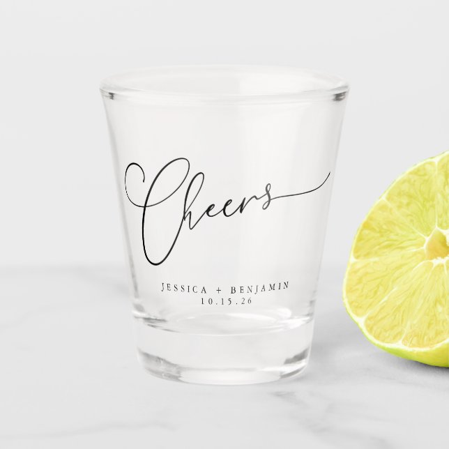 Cheers Minimal Black White Script Custom Wedding Shot Glass (Front)