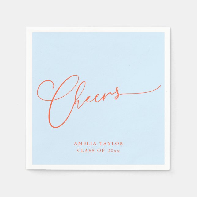 Cheers Minimal Blue Orange Script Graduation Party Napkin (Front)