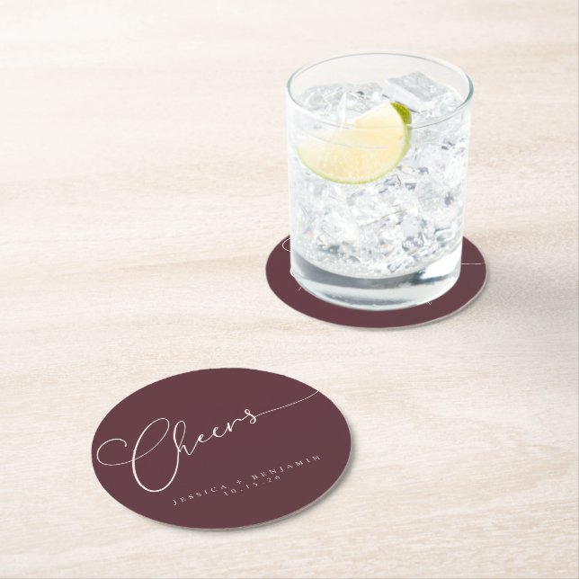 Cheers Minimal Burgundy Script Custom Wedding Round Paper Coaster (Insitu)