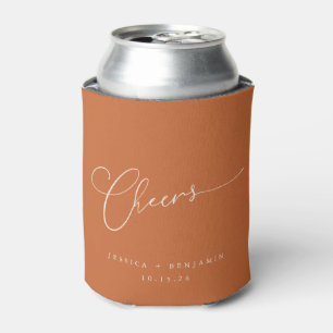 Cheers Minimal Burnt Orange Script Custom Wedding Can Cooler