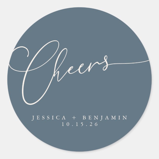 Cheers Minimal Dark Blue Script Custom Wedding Classic Round Sticker (Front)