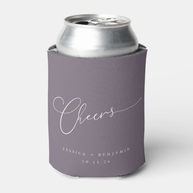Cheers Minimal Dark Purple Script Custom Wedding   Can Cooler (Can Front)