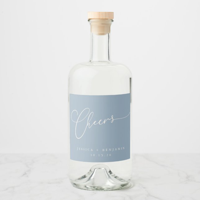 Cheers Minimal Dusty Blue Script Custom Wedding  Liquor Bottle Label (Front)