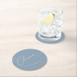 Cheers Minimal Dusty Blue Script Custom Wedding Round Paper Coaster<br><div class="desc">Cheers Minimalist Script Custom Wedding Round Paper Coaster in Dusty Blue</div>