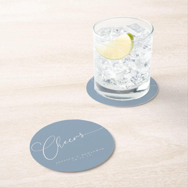 Cheers Minimal Dusty Blue Script Custom Wedding Round Paper Coaster (Insitu)