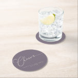 Cheers Minimal Dusty Purple Script Custom Wedding Round Paper Coaster<br><div class="desc">Cheers Minimalist Dusty Purple Script Custom Wedding Round Paper Coaster</div>