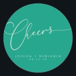 Cheers Minimal Emerald Script Custom Wedding Classic Round Sticker<br><div class="desc">Cheers Minimalist Bright Emerald Green Script Custom Wedding Classic Round Sticker</div>