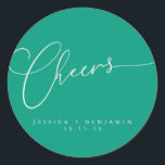 Cheers Minimal Emerald Script Custom Wedding Classic Round Sticker<br><div class="desc">Cheers Minimalist Bright Emerald Green Script Custom Wedding Classic Round Sticker</div>