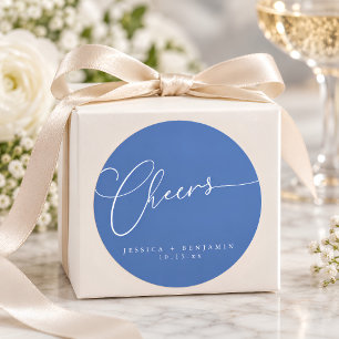 Cheers Minimal French Blue Script Custom Wedding Classic Round Sticker