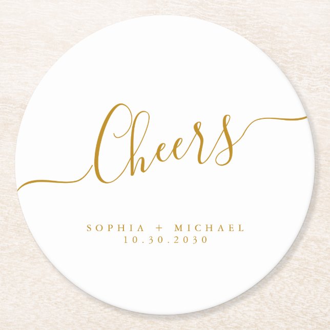 Cheers Minimal Gold Script Custom Wedding Round Paper Coaster (Front)