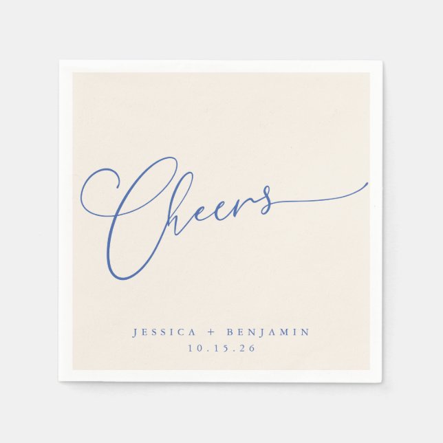 Cheers Minimal Ivory Blue Script Custom Wedding Napkin (Front)