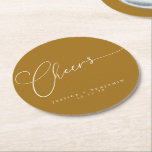 Cheers Minimal Mustard Gold Script Custom Wedding Round Paper Coaster<br><div class="desc">Cheers Minimalist Black White Script Custom Wedding Round Paper Coaster</div>