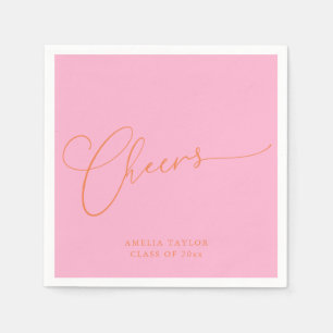 Cheers Minimal Pink Orange Script Graduation Party Napkin