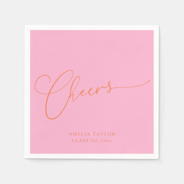 Cheers Minimal Pink Orange Script Graduation Party Napkin (Front)