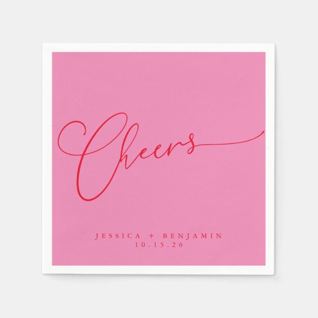 Cheers Minimal Pink Red Script Custom Wedding Napkin (Front)