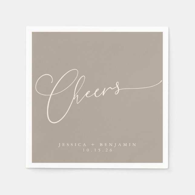 Cheers Minimal Taupe Brown Script Custom Wedding Napkin (Front)