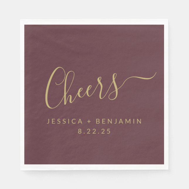 Cheers Minimalist Burgundy Gold Custom Wedding Napkin (Front)