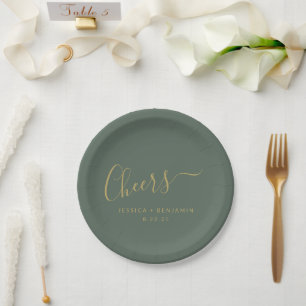 Cheers Minimalist Dark Sage Gold Custom Wedding Paper Plate