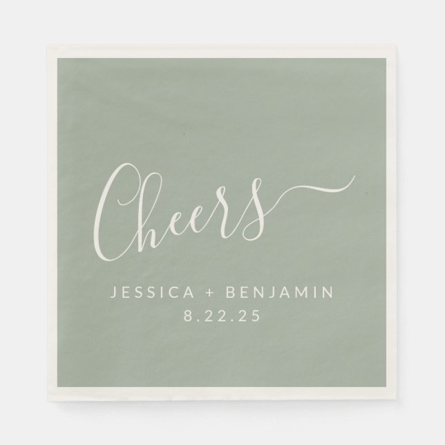 Cheers Minimalist Dusty Sage Custom Wedding Napkin (Front)