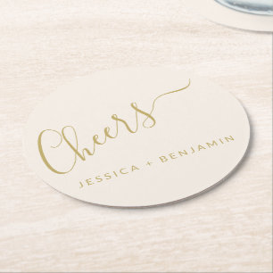 Cheers Minimalist Ecru and Gold Custom Wedding Round Paper Coaster