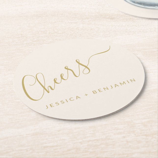 Cheers Minimalist Ecru and Gold Custom Wedding Round Paper Coaster (Angled)